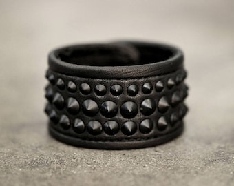 BLACK on BLACK Leather Metal Studded Cuff Punk Bracelet