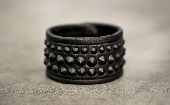 BLACK on BLACK Leather Metal Studded Cuff Punk Bracelet