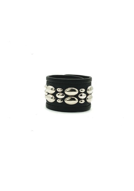 PRIMITIVE ORBS Leather Studded Punk Cuff Metal Bracelet
