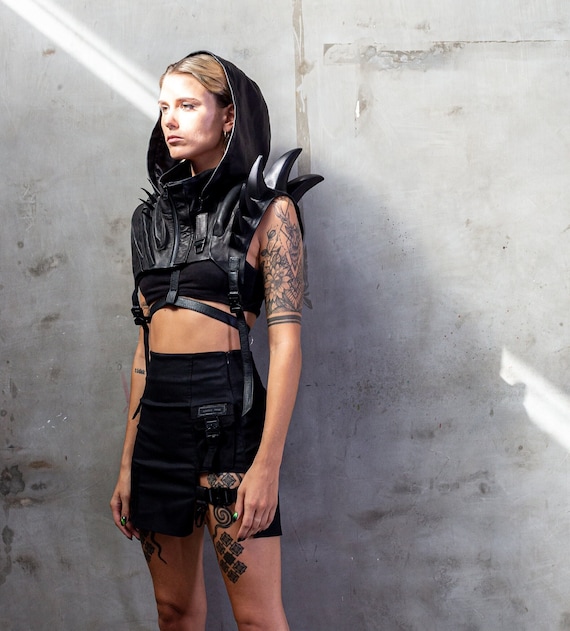 Sole Defender Futuristic Cyberpunk Leather Chest Plate with Hood and Shoulder Spikes