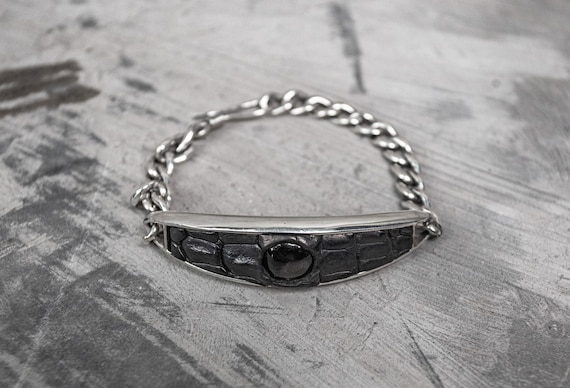 Hypersthene Stone Sterling Silver Chain Bracelet – Black Scale Leather Industrial Design