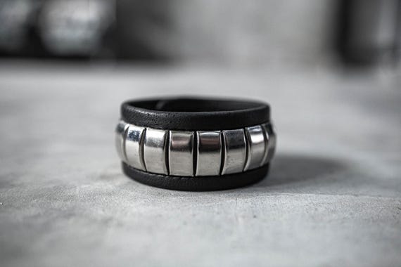 Nu Metal Silver Studded Black Leather Cuff Bracelet