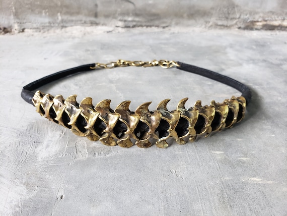 Spinal Core Choker in Polished Brass or Oxidized Black Brass on Black Leather