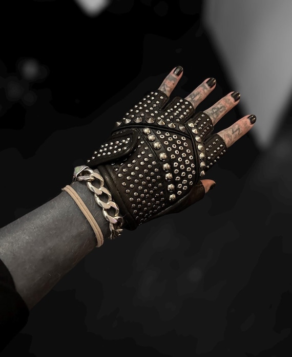 BLAM ROCK Black Leather Studded Unisex Fingerless Gloves
