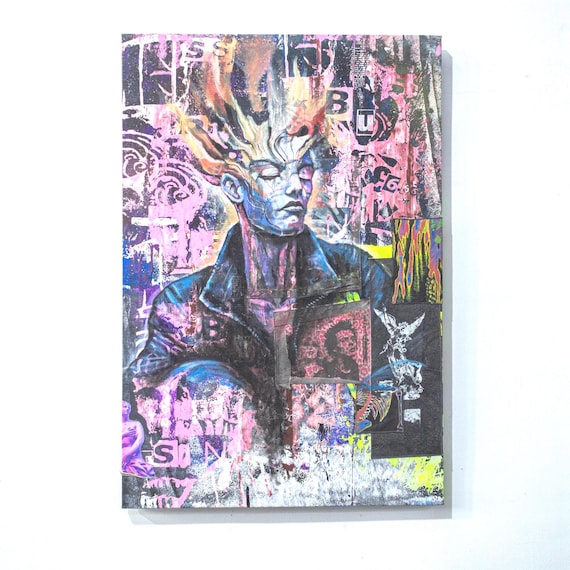 Voltage Chaos Mixed Media Collage Painting on Canvas