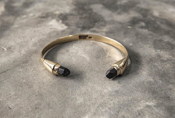 Gold Plated Black Crystal Cuff Bracelet – Smokey Quartz Open Bangle