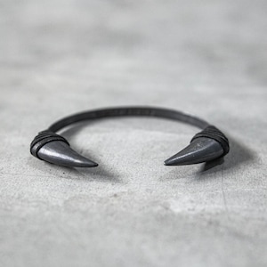 Scared Sacred Black Saber Tooth Tiger Spike Metal and Leather Bangle Bracelet Cuff