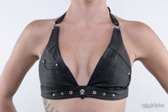 BILLY JEAN Leather Halter Top Bra With Skull Detailing and Secret Stash  Pocket 