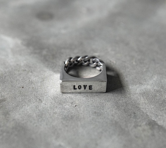 Custom WORD Ring Sterling Silver with Cuban Chain – Bold Engraved Ring, Unisex Handmade Jewelry, Edgy Minimalist Design