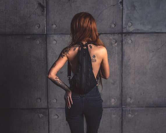 Tri Zipper Mini Backpack Tear Drop Bag in Black Canvas w/ Black Hardware Fanny Pack