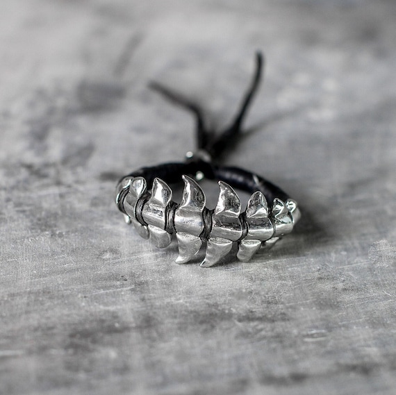 Alien Spine Silver Bracelet and Black Braided Leather Cuff Vertebrae