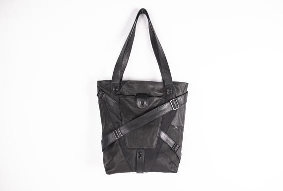 EDGE LINE Black Leather & Canvas Tote Bag