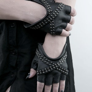 X GLAM Studded Black Leather Fingerless Gloves