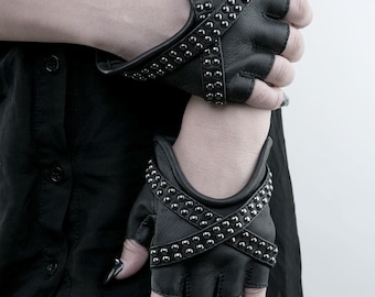 X GLAM Studded Black Leather Fingerless Gloves