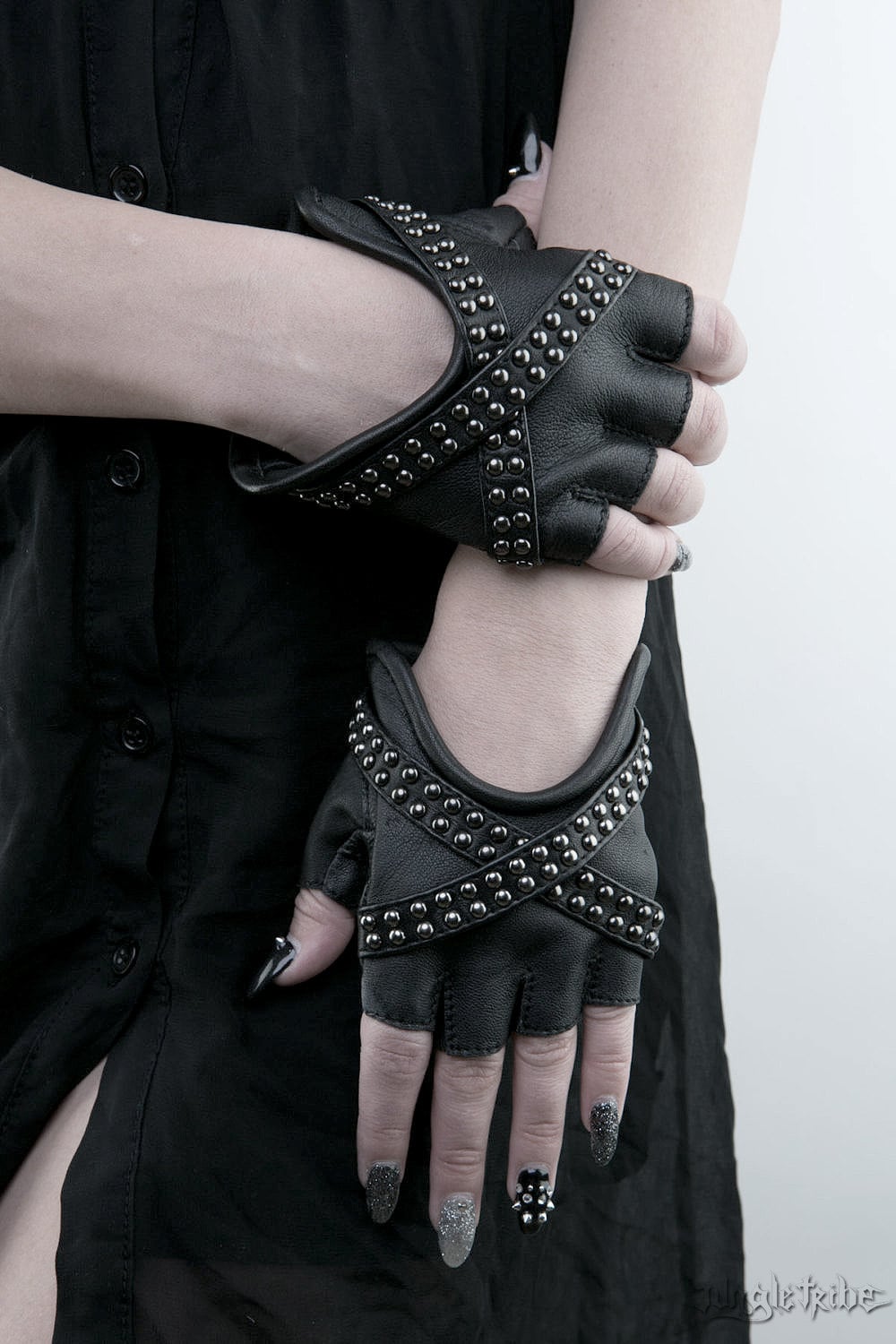 X GLAM Studded Black Leather Fingerless Gloves