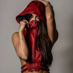 RED NINJA KOMBAT Tech Wear Hooded Crop Top Vest in soft Red Leather