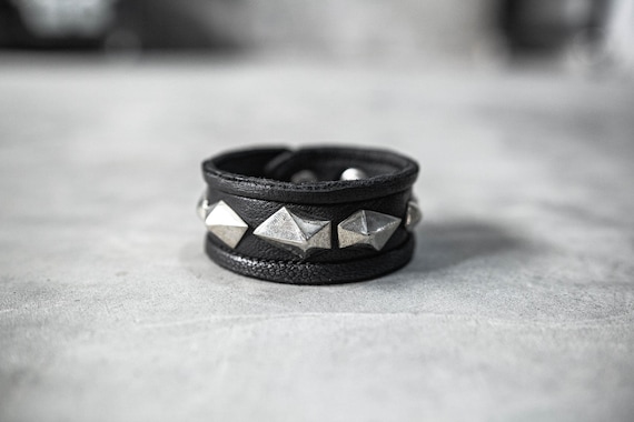 Silver Dimension Black Leather Bracelet Cuff Unisex Men's and Women's bracelet