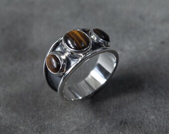 Anello Donna In Argento 925 Fatto A Mano: Stile Boho Con Pietre Naturali Onice, Occhio Di Tigre, Corniola, Agata