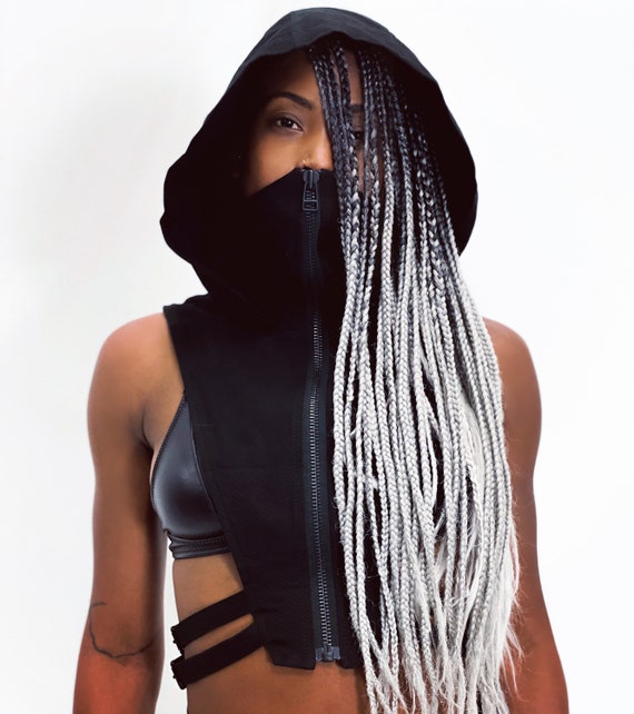 NINJA KOMBAT HOOD Techwear Crop Top Vest in Jet Black Canvas