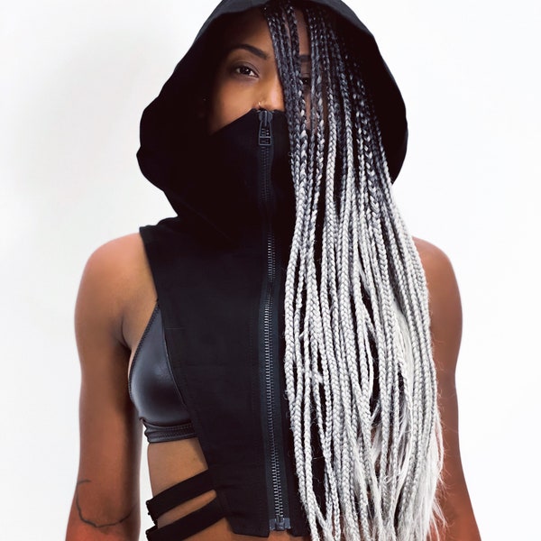 NINJA KOMBAT HOOD Techwear Crop Top Vest in Jet Black Canvas