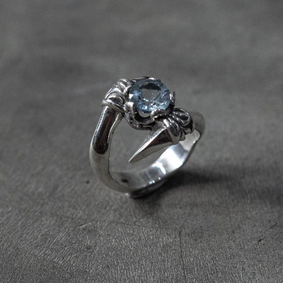 Blue Topaz Gothic Claw Spike Ring with 925 Sterling Silver Band