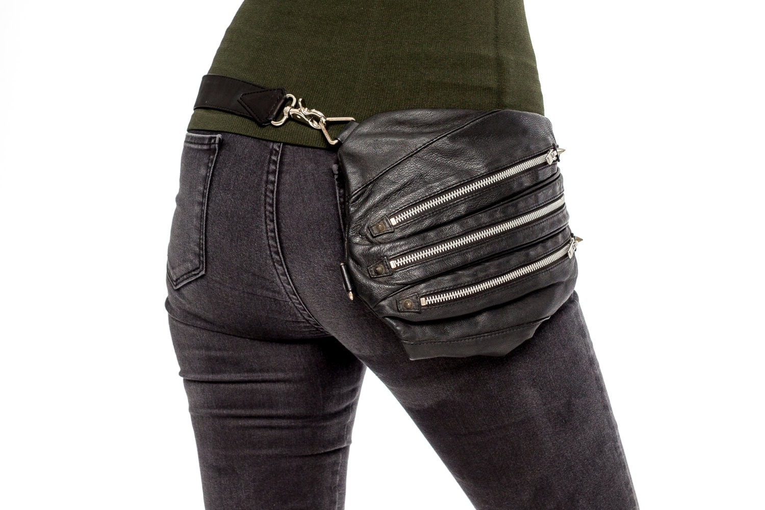 TRI ZIPPER Black Leather and Silver Backpack Utility Pack and Hip Bag