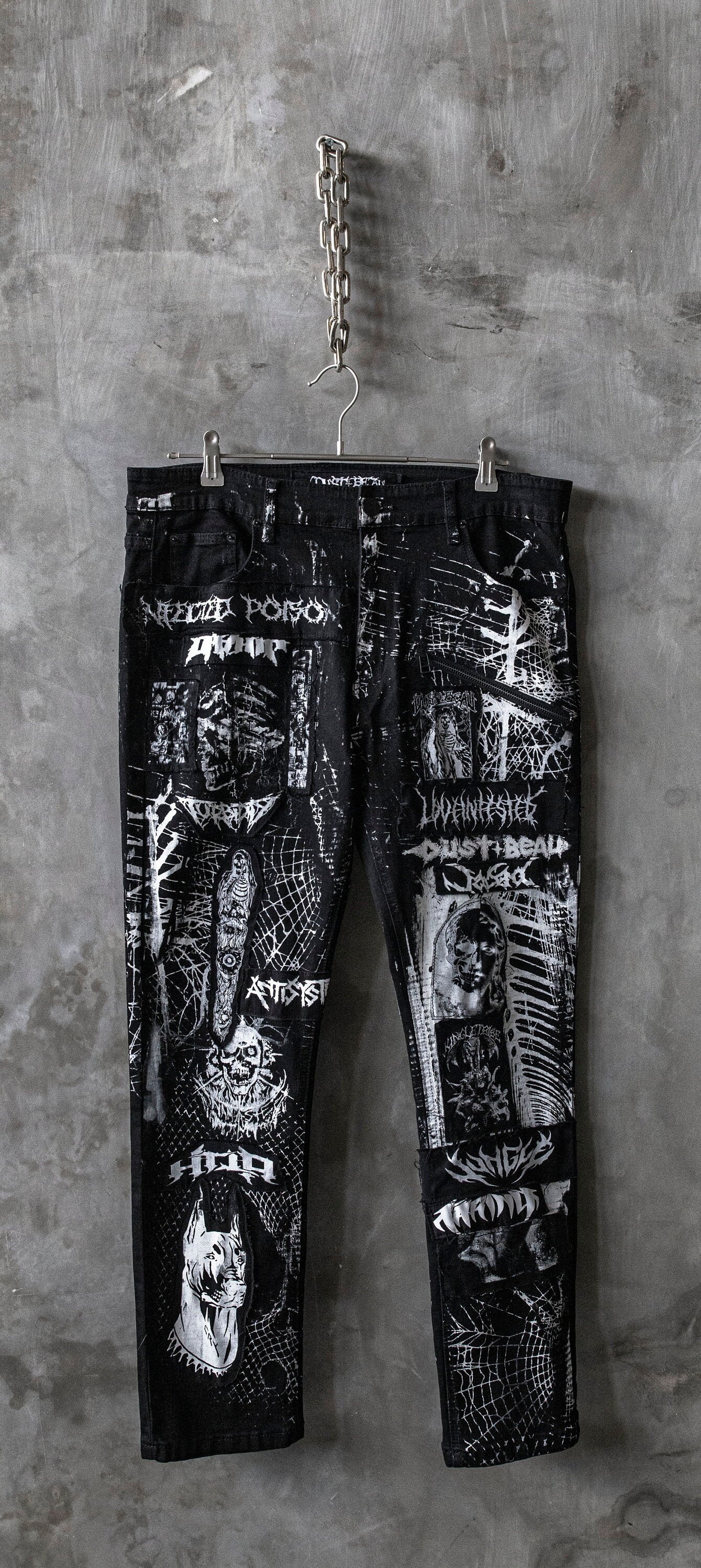 Mens Punk Vintaged Skull Graffiti Print Ripped Denim Jeans 