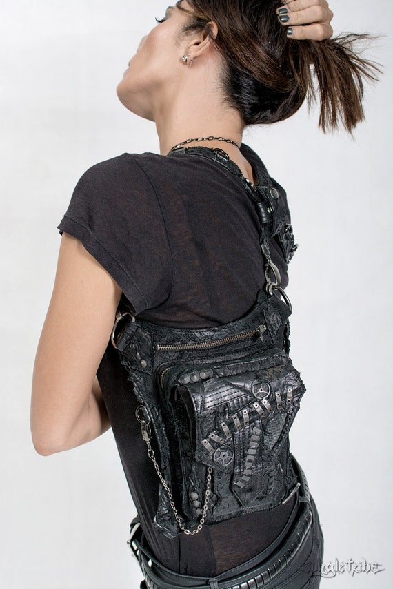 APOCALYPTIC DISTRESS Black Leather Convertible Hip Holster and Shoulder Bag