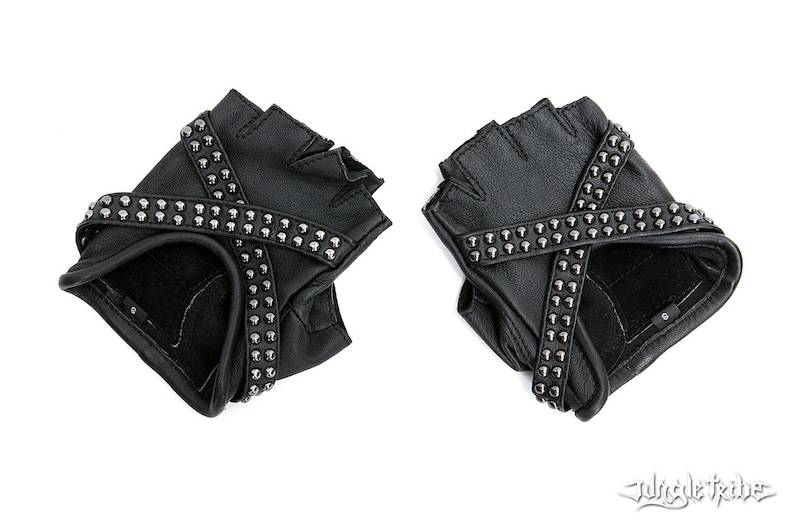 X GLAM Studded Black Leather Fingerless Gloves Etsy