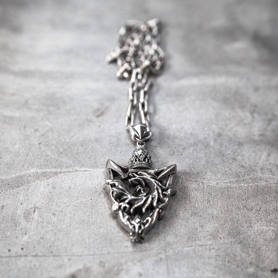 Dragon Crest Pendant and Necklace – 925 Silver Heavy Link Chain, Gothic Statement Jewelry