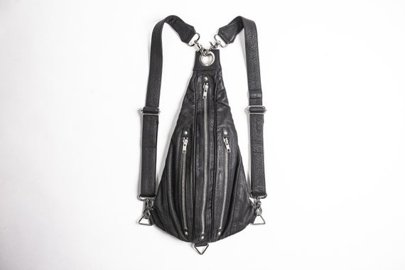 TRI ZIPPER Black Leather and Silver Backpack Utility Pack and Hip Bag