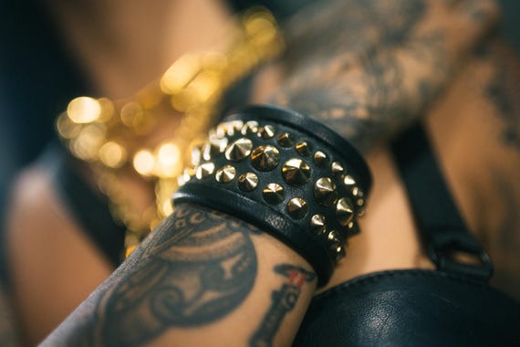 GOLD on BLACK Leather Metal Studded Cuff Punk Bracelet