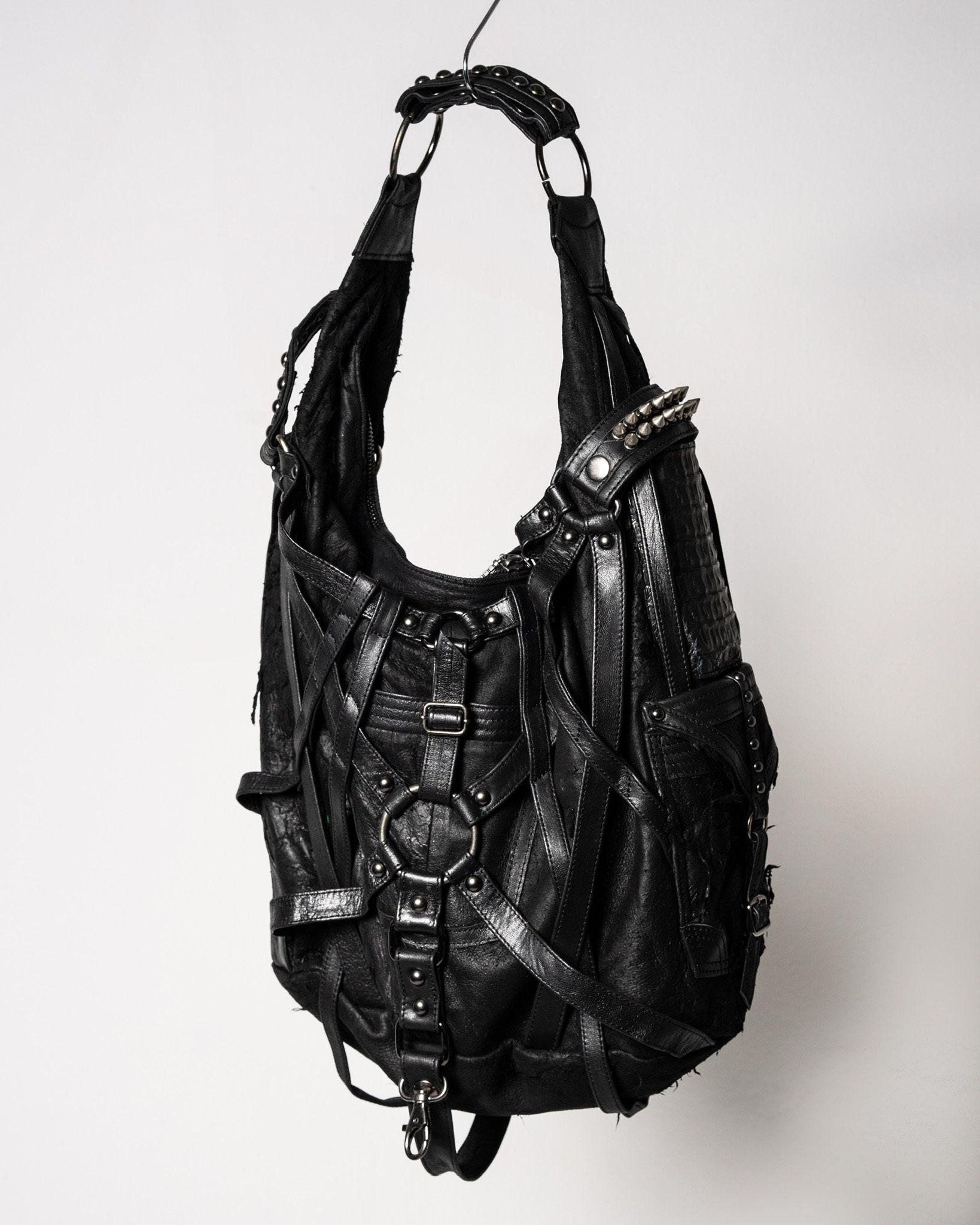 Black Litchi Grain Leather Wide Strap Hobo Bag