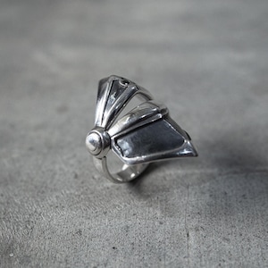 May include: A silver ring with a geometric design. The ring features a central, rounded element connected to a series of angular, fan-like shapes. The metal has a polished finish, reflecting light and creating a striking visual effect. The ring is set against a neutral background.