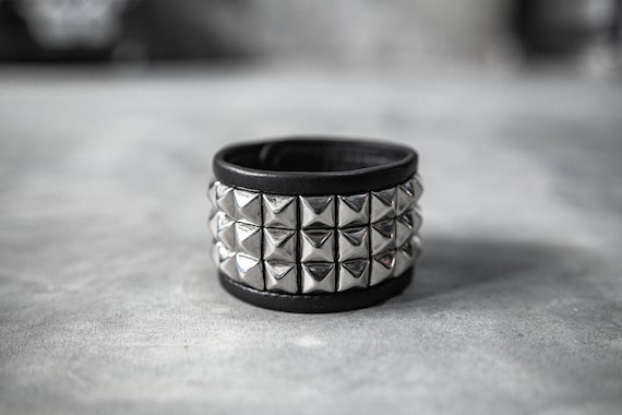 Punk Rock Silver Pyramid Studded Black Leather Cuff Bracelet
