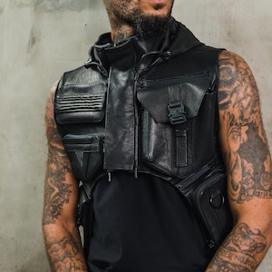 Tech9 Leather Hood with Shoulder Holsters |  Tactical Techwear Pockets I Post Apocalyptic Cyberpunk Leather Cowl Hood Shoulder Holster Vest