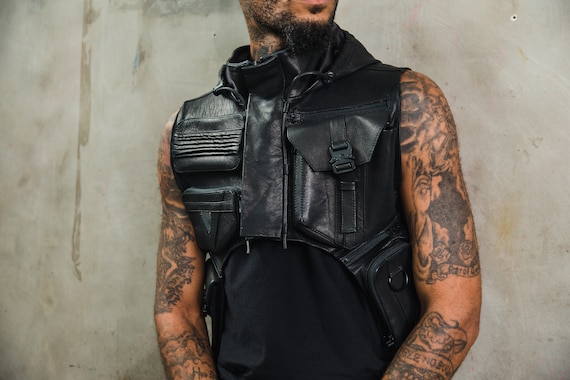 Tech9 Leather Hood with Shoulder Holsters |  Tactical Techwear Pockets I Post Apocalyptic Cyberpunk Leather Cowl Hood Shoulder Holster Vest