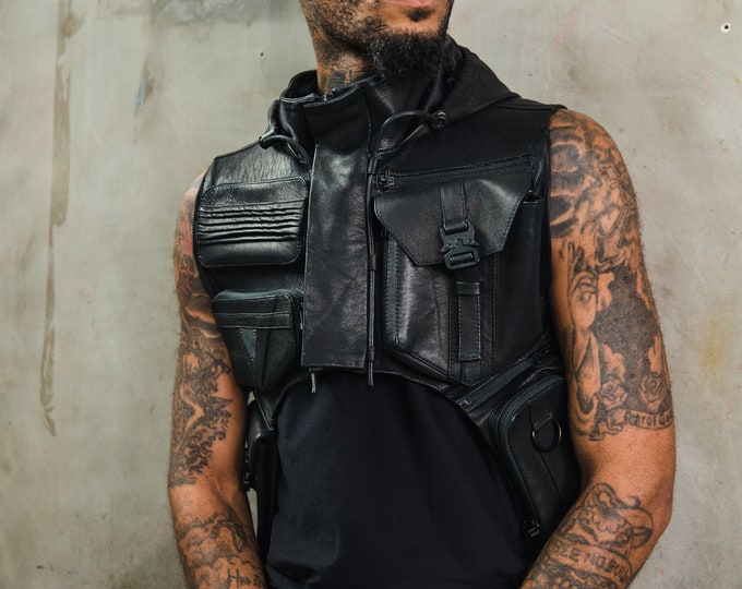 Tech9 Leather Hood with Shoulder Holsters |  Tactical Techwear Pockets I Post Apocalyptic Cyberpunk Leather Cowl Hood Shoulder Holster Vest