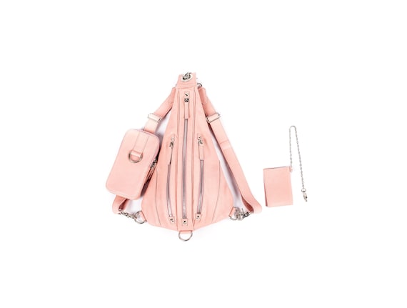 Dusty Rose Pink Tri Zipper Back Pack Convertible Sling Bag Shoulder Bag w/ Silver Hardware