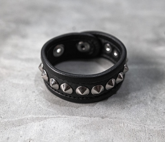 SILVER on BLACK Leather Single Row Metal Studded Cuff Punk Bracelet