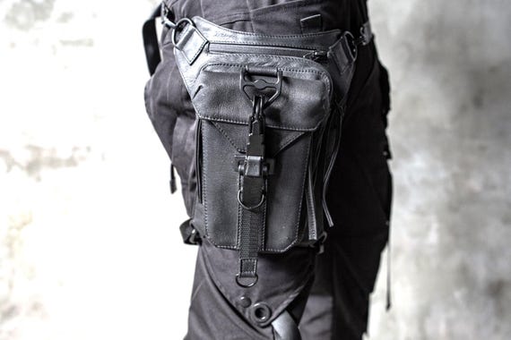 Phantom Leather Waist and Shoulder Bag, Black Utility Leg Bag and Holster, Crossbody Goth Techwear Pack, Shadowcore Gear