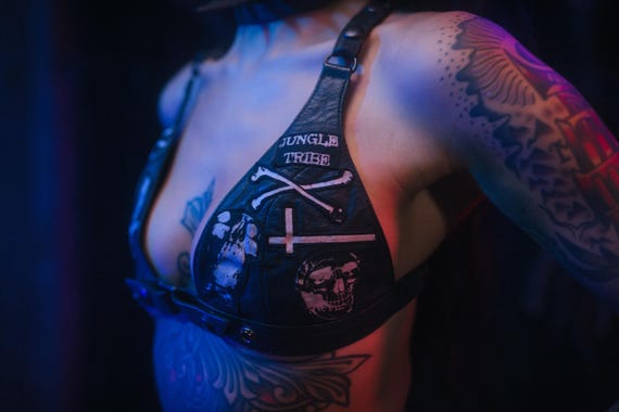 Black & White Bone Crew Leather Bra