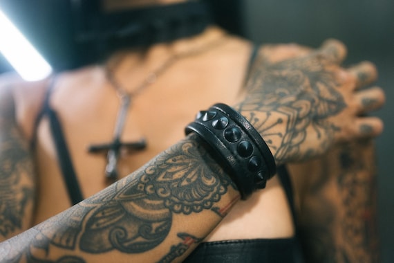BLACK on BLACK leather Single Row Leather Metal Studded Cuff Punk Bracelet