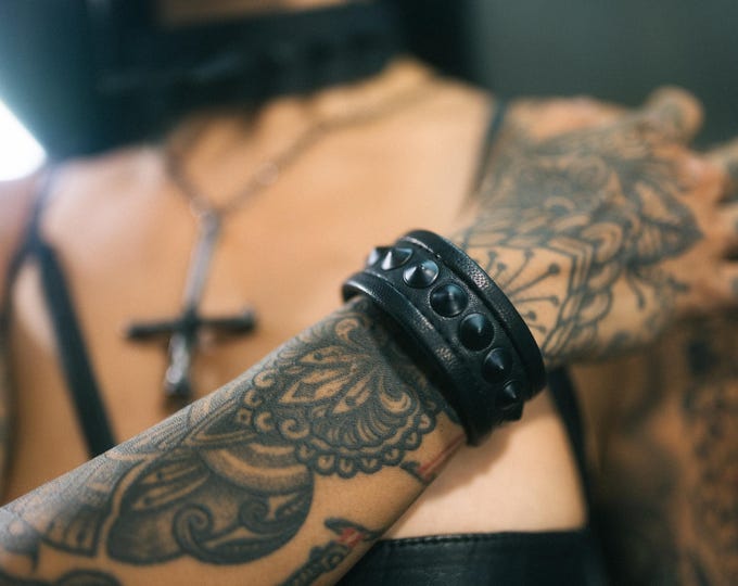 BLACK on BLACK leather Single Row Leather Metal Studded Cuff Punk Bracelet