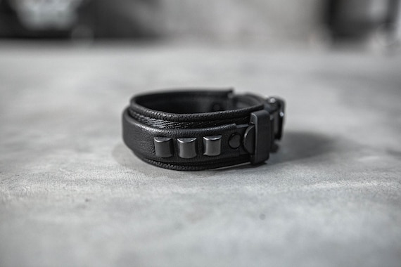 Minimal Slope Style Black Leather Bracelet Cuff with Snowboard Binding Closure