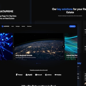 Peut inclure: Page d'accueil d'un site web pour Dataprime, un fournisseur de solutions de big data pour l'immobilier. La page présente un thème sombre avec du texte bleu et blanc, et des images de la Terre et des visualisations de données abstraites.