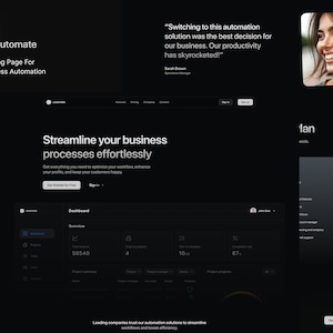 Puede incluir: Una página de destino de sitio web de tema oscuro para la automatización empresarial, con la palabra "automate" y el lema "Landing Page For Business Automation". La página destaca los procesos empresariales optimizados e incluye un testimonio.