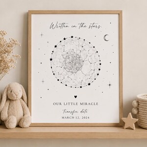 Puede incluir: Una impresión vertical enmarcada que presenta un mapa circular de constelaciones con estrellas y líneas negras sobre un fondo blanco. El texto dice Written in the stars, OUR LITTLE MIRACLE, transfer date y MARCH 12, 2024, con un pequeño icono de corazón negro.