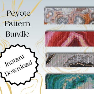 May include: A digital download bundle of four peyote stitch patterns featuring agate-inspired designs. The patterns are in shades of brown, pink, gray, and blue. The text "Peyote Pattern Bundle" and "Instant Download" is displayed on the image.