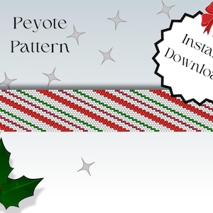 Puede incluir: Un patrón de peyote digital con un diseño de bastón de caramelo. El patrón presenta rayas diagonales en rojo, blanco y verde. La imagen incluye el texto "Peyote Pattern" e "Instant Download". También se incluye una ramita de acebo y estrellas.